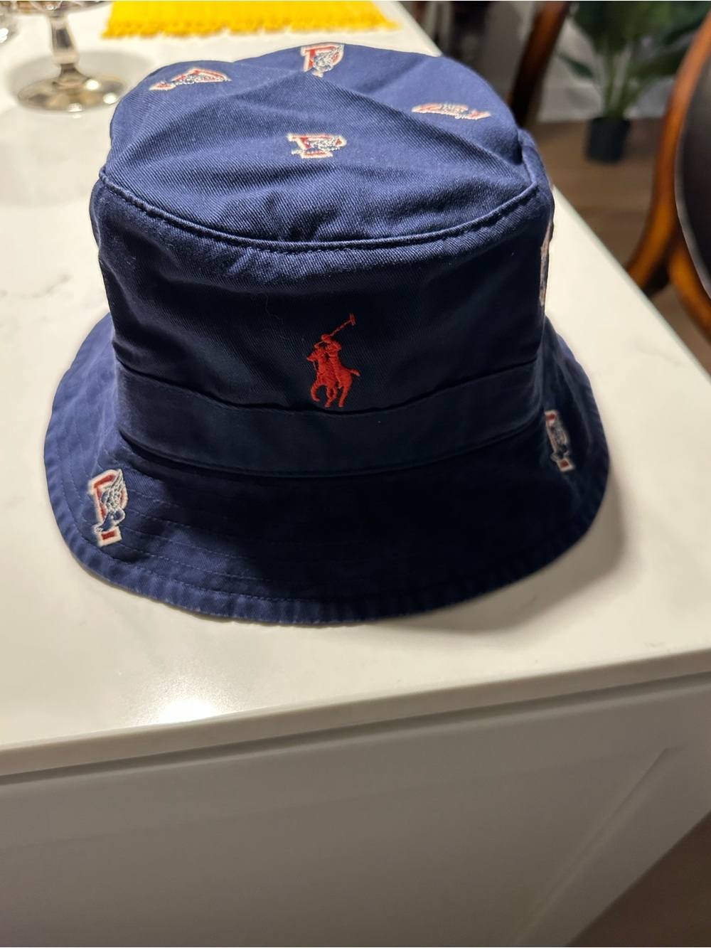 Ralph Lauren men Navy Bucket Hat with Red Pony & Patch Motifs